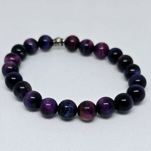 Purple Tigers Eye Bracelet Dyed Gemstone 8mm Bead Stretch Unisex